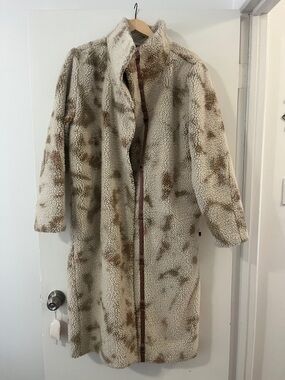 lululemon athletica Cream Faux Shearling Long Coat with Brown Spots
